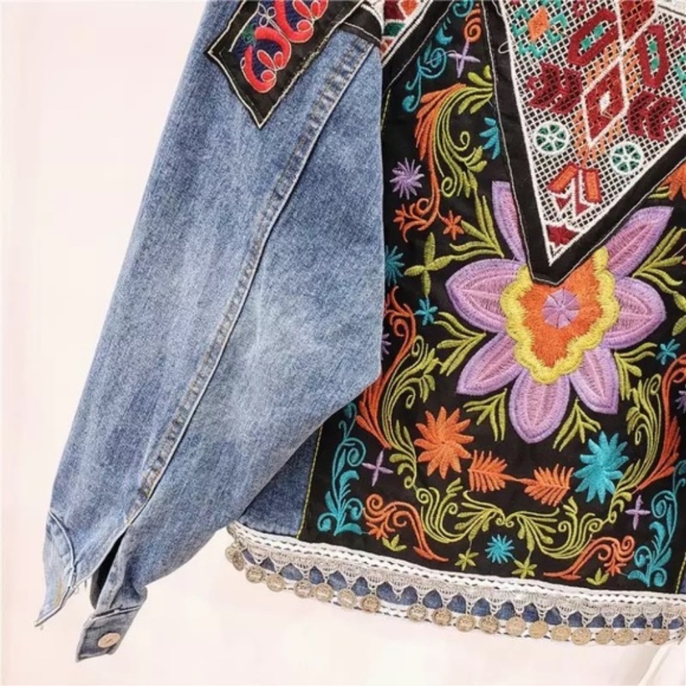 SOLD OUT Boho Floral Embroidered Oversized Denim Jacket - Picture 6 of 7